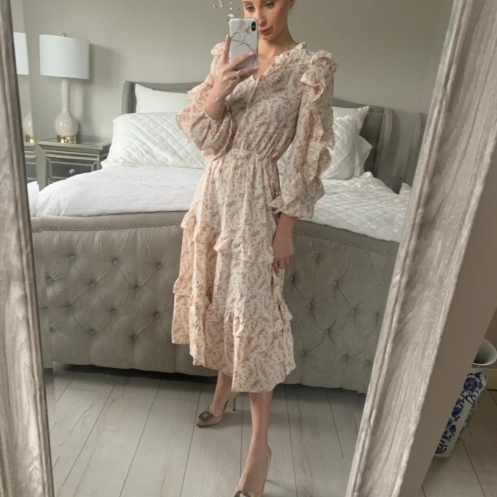Shop Red Dress Aura Floral Ruffle Midi Dress - Picture 3 of 13